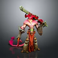 Fantasy Game Movie Character Featuring Red Horns Pink Body Large Sword Orange Cloak And Tail