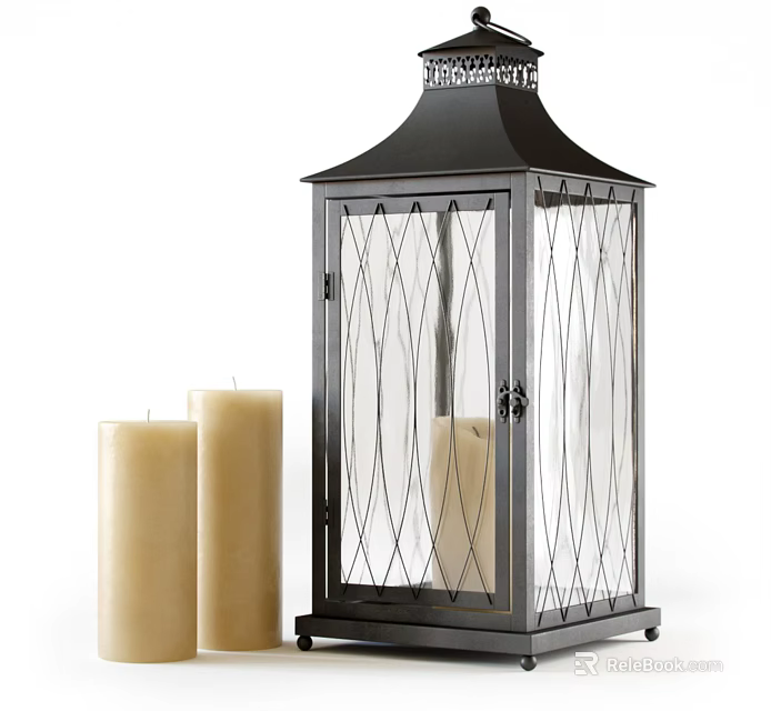 Candle Lantern with Metal Frame and Glass Panels and Decorative Candles for Home Decoration 3d model 