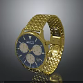 Elegant Gold Wristwatch With Blue Dial Golden Mesh Strap Three Sub Dials And Date