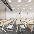 Modern Conference Room Interior Design With Large Screen Rows Of Tables Chairs And Lighting
