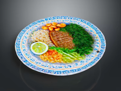 Delicious Grilled Steak with Rice Beans Vegetables and Lemon Slice on Blue White Patterned Plate 3d model