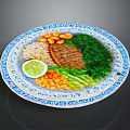 Delicious Grilled Steak with Rice Beans Vegetables and Lemon Slice on Blue White Patterned Plate