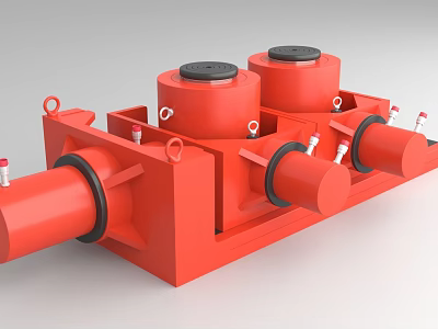 Red Industrial Equipment Featuring Two Cylindrical Tops Black Lids Multiple Pipes And Rectangular Base 3d model