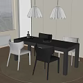 Modern Dining Table Set With Black And White Chairs Pendant Lights And Wine Glasses
