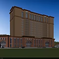 Modern Classical Office Building With Brown Beige Large Windows Arched Entrances Green Lawn And Fountains