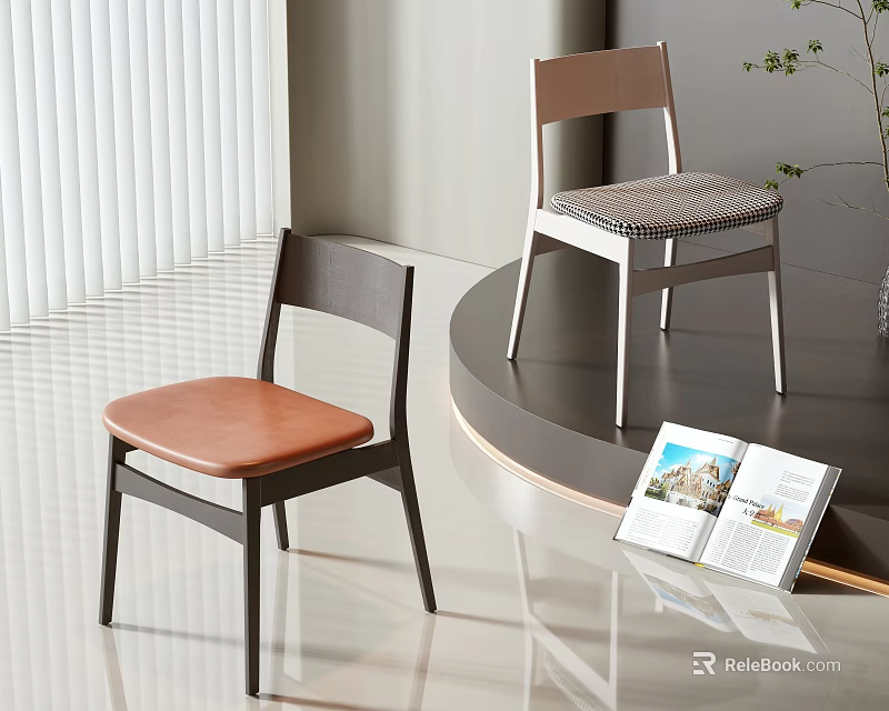 Modern Coffee Table With Two Chairs And Open Magazine Near Blinds 3d model 