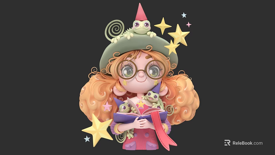 Curly Haired Glasses Wearing Character Holding Book With Reptiles On Pointed Hat And Stars Around 3d model 