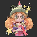 Curly Haired Glasses Wearing Character Holding Book With Reptiles On Pointed Hat And Stars Around