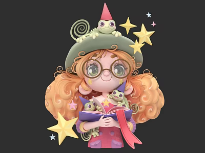 Curly Haired Glasses Wearing Character Holding Book With Reptiles On Pointed Hat And Stars Around 3d model