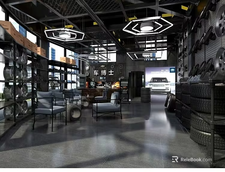Automotive Showroom Interior With Modern Lighting Tires Display And Comfortable Sofas 3d model