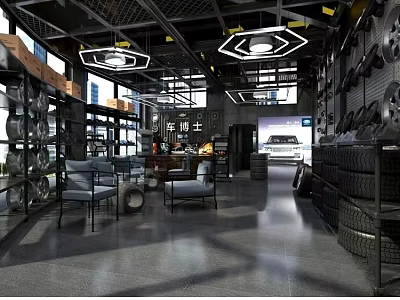 Automotive Showroom Interior With Modern Lighting Tires Display And Comfortable Sofas 3d model