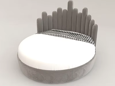 Round Double Bed With Gray Wave Shaped Headboard White Mattress And Plaid Blanket 3d model
