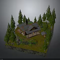 Cozy Log Cabin Surrounded by Tall Pine Trees and Green Grass With Stone Wall