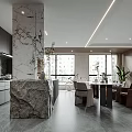 Modern Living And Dining Room Interior With Sofa Marble TV Wall Green Plants And Windows