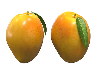 Fresh Ripe Mangoes With Vibrant Yellow Orange Skin And Green Leaves 3d model