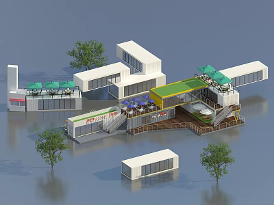 Shipping Container Building Design With Outdoor Seating Green Umbrellas And Trees 3d model