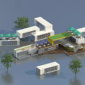 Shipping Container Building Design With Outdoor Seating Green Umbrellas And Trees