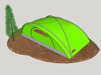 Green Camping Tent Setup in Outdoor Natural Environment with Tree 3d model