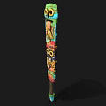 Colorful Tribal Decorative Weapon with Stacked Carved Masks and Long Wooden Shaft Design