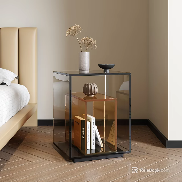 Modern Bedside Table With Glass Top Metal Frame Dried Flowers Vase Books And Decor 3d model 