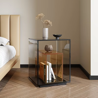 Modern Bedside Table With Glass Top Metal Frame Dried Flowers Vase Books And Decor 3d model