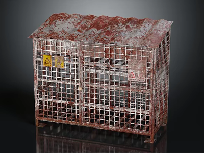 Decorative Ornament Set with Rusty Metal Cage Roof Top Yellow Warning Signs and Red Labels 3d model