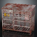 Decorative Ornament Set with Rusty Metal Cage Roof Top Yellow Warning Signs and Red Labels
