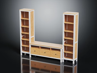 Modern Wooden Storage Shelf Unit With Tall Side Shelves And Middle Drawer Cabinet 3d model
