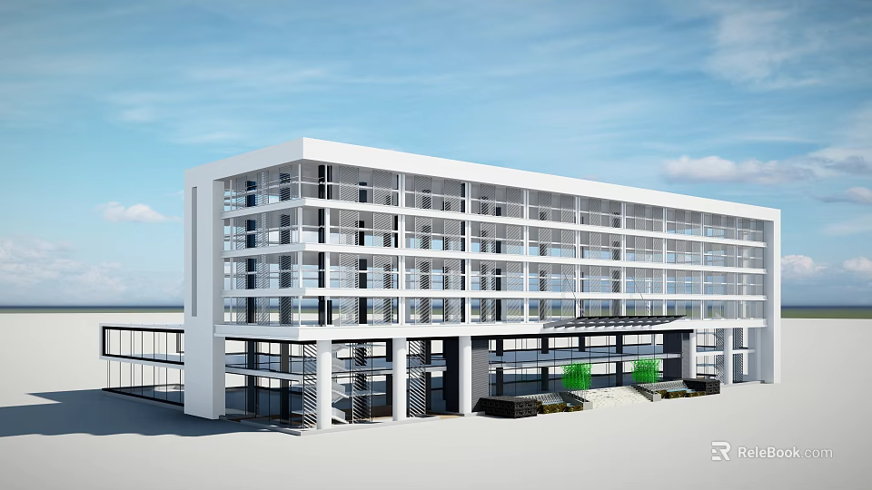 Modern White Office Building With Glass Facade And Multi Storey Structure 3d model