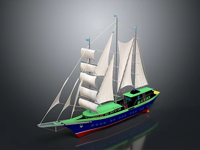 Modern Sailing Ship With White Sails Blue Hull And Green Deck Design 3d model