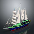 Modern Sailing Ship With White Sails Blue Hull And Green Deck Design