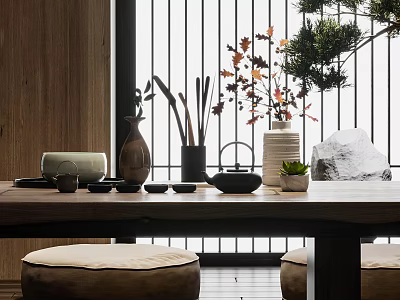 Traditional Tea Set on Wooden Table with Natural Decorations Sliding Door and Cushioned Stools 3d model