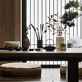 Traditional Tea Set on Wooden Table with Natural Decorations Sliding Door and Cushioned Stools