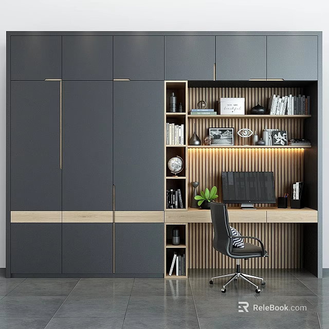 Modern Home Office Desk And Chair Set With Grey Cabinets And Bookshelves 3d model 