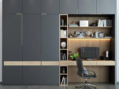 Modern Home Office Desk And Chair Set With Grey Cabinets And Bookshelves 3d model