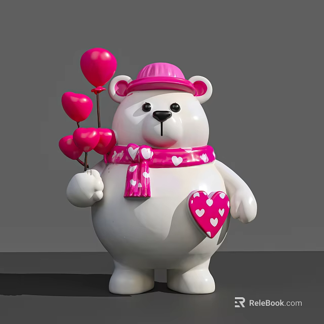 Art Installation of White Bear Sculpture with Pink Hat Scarf Hearts and Balloons 3d model 