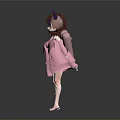 Woman With Brown Hair And Purple Cat Ears Wearing Pink Outfit Coat And Shoes