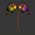 Two Colorful Birds One Green Red and One Purple Perched on Twisted Tree Branch