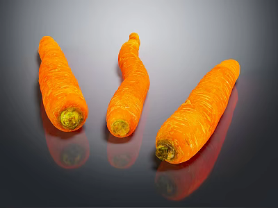 Three Vibrant Orange Textured Carrots on Smooth Dark Reflective Background 3d model