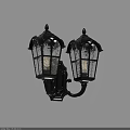 Classic Black Wall Lamps With Decorative Glass Shades Illuminated On Stone Wall