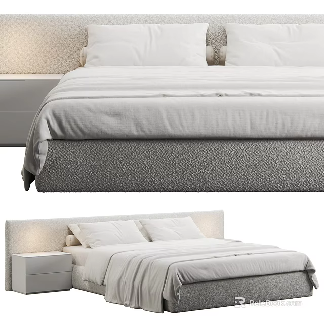 Modern Double Bed Design With Upholstered Headboard And Soft White Linens 3d model