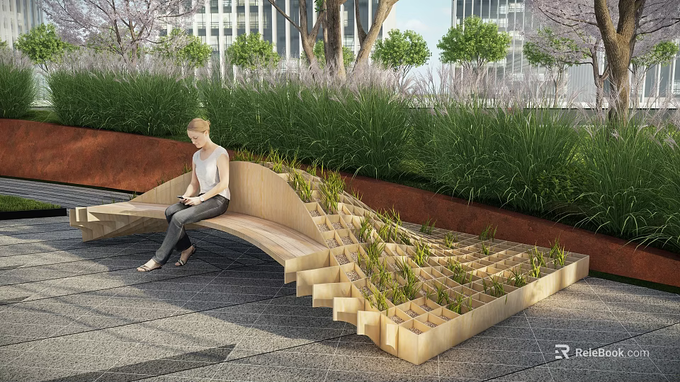 Wooden Landscape Bench With Unique Geometric Planting Slots And Greenery In Urban Outdoor Relaxation Space 3d model 