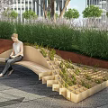 Wooden Landscape Bench With Unique Geometric Planting Slots And Greenery In Urban Outdoor Relaxation Space