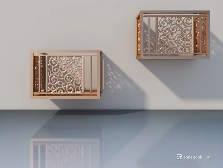 Two Metal Hinged Doors With Decorative Patterns Mounted On Wall And Floor Reflection 3d model