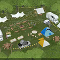 Scenic Campsite with Tents RVs String Lights Tables and Trees on Green Grass