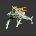 White Wolf with Flaming Tail Red Markings and Spiked Armor in Crouching Stance