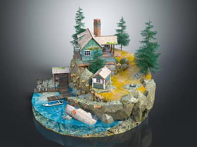 Cartoon Scene Featuring Island House with Chimney Pine Trees Boat Rocks and Water 3d model