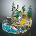 Cartoon Scene Featuring Island House with Chimney Pine Trees Boat Rocks and Water
