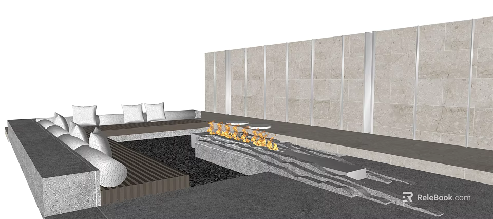 Modern Outdoor Sofa Setup With Stone Wall Fireplace And Decorative Pillows 3d model