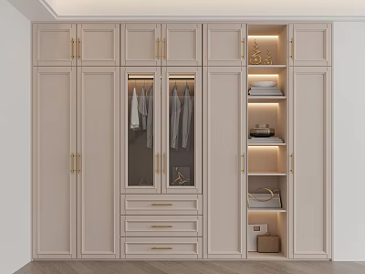 Elegant Modern Wardrobe Interior Design With Glass Doors Golden Handles Drawers And Shelves 3d model